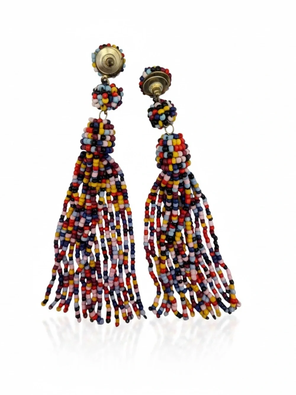 Vintage Multicolor Seed Bead Tassel Earrings Long Statement Boho NOS Unworn